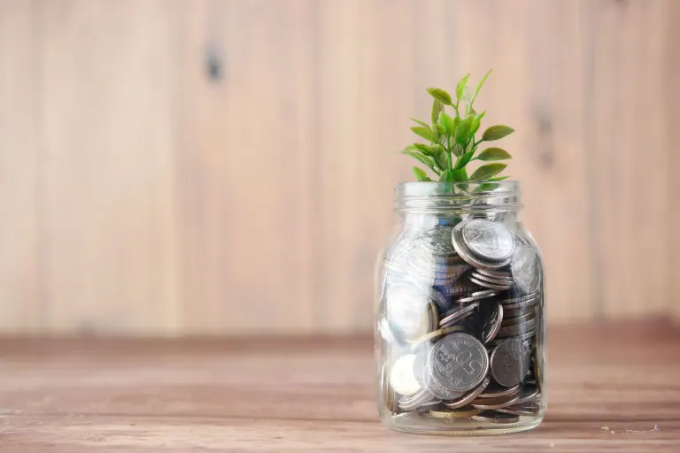 Glasburk fylld med mynt och en liten grön planta på ett träbord, en symbol för en buffert som växer på sparkontot