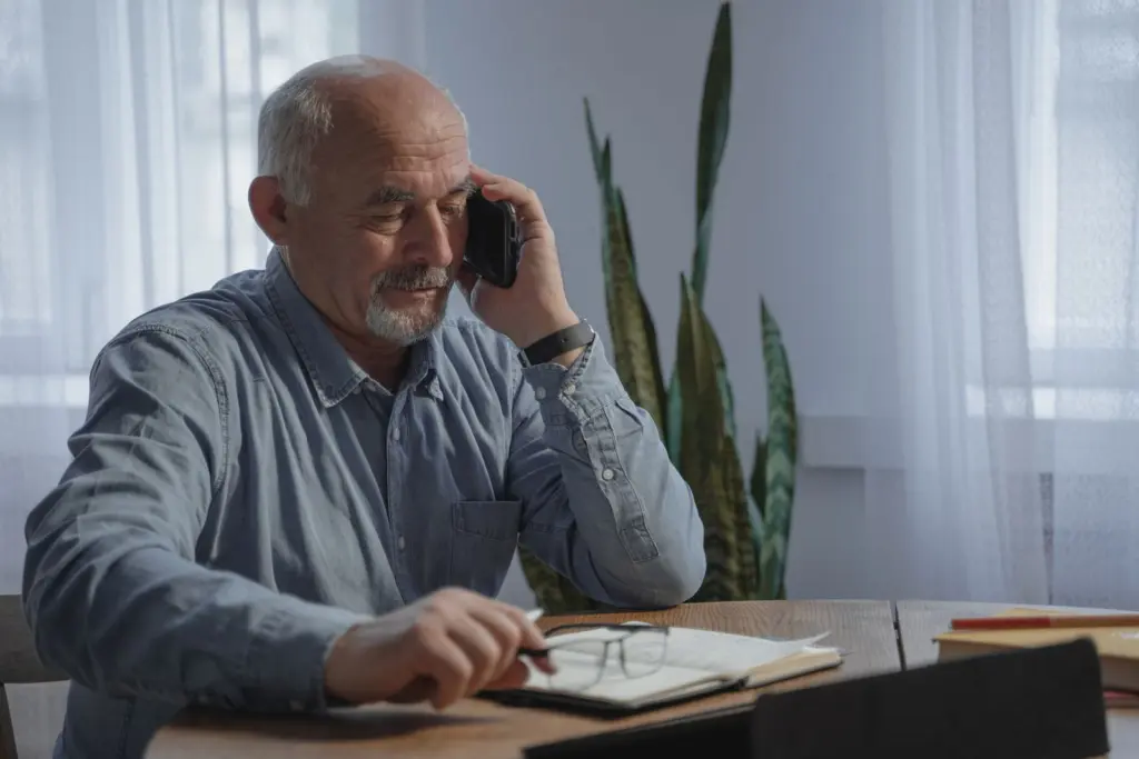 Äldre man ringer och gör anteckningar vid skrivbordet, som när man tar reda på om tjänstepensionen går att flytta