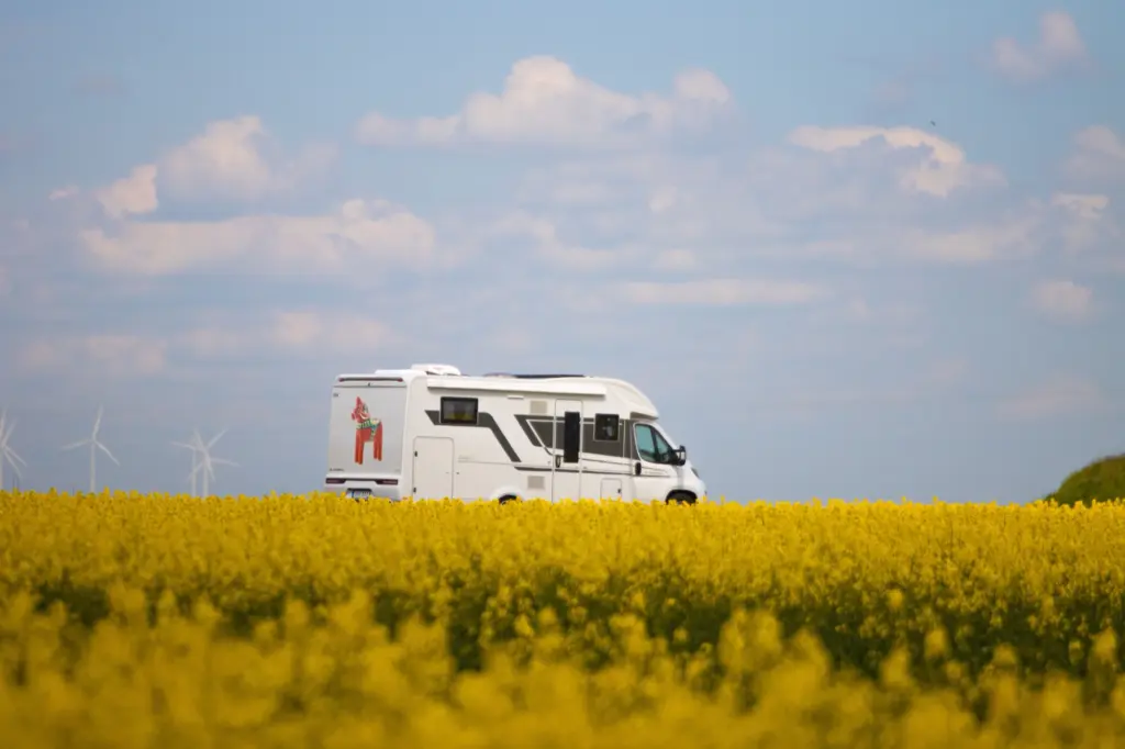 Vit husbil med dalahäst på bakre väggen kör förbi ett blommande rapsfält i Småland, på väg ut på semester