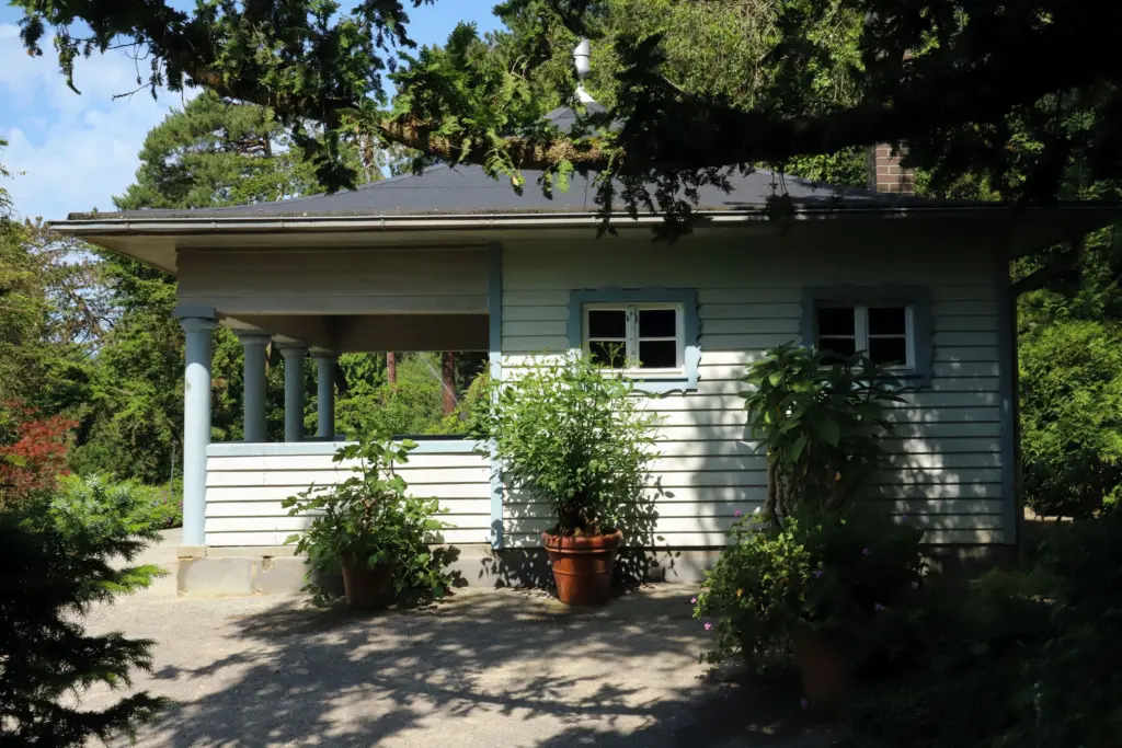 Ljusblått sommarhus med veranda och krukväxter i skuggan av höga träd