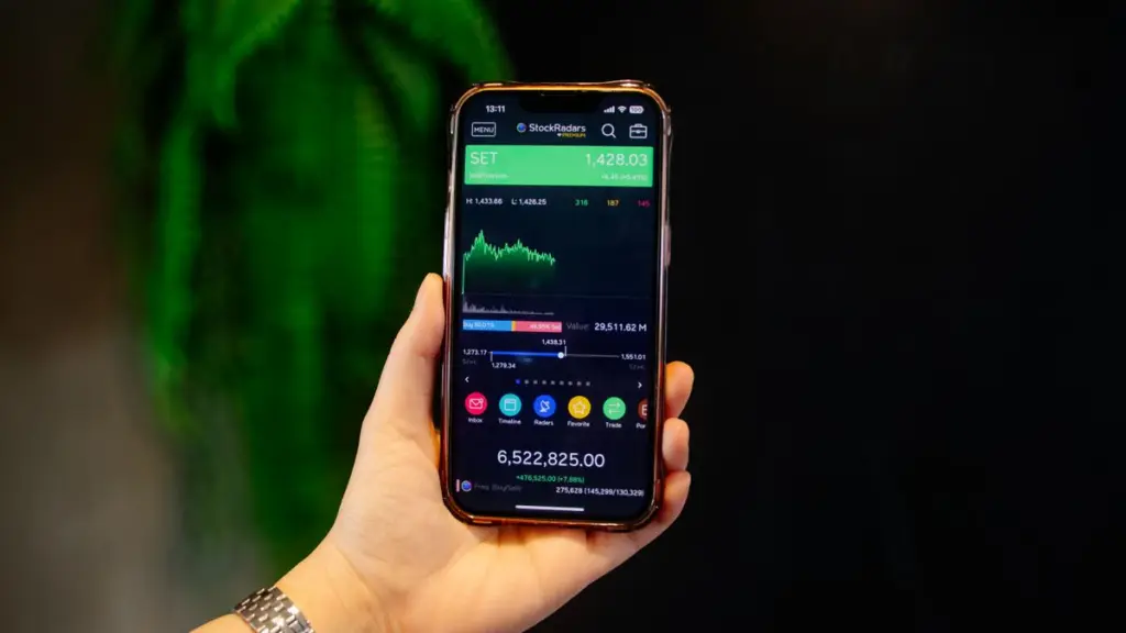 Hand håller en mobil med en aktieapp och ett kursdiagram